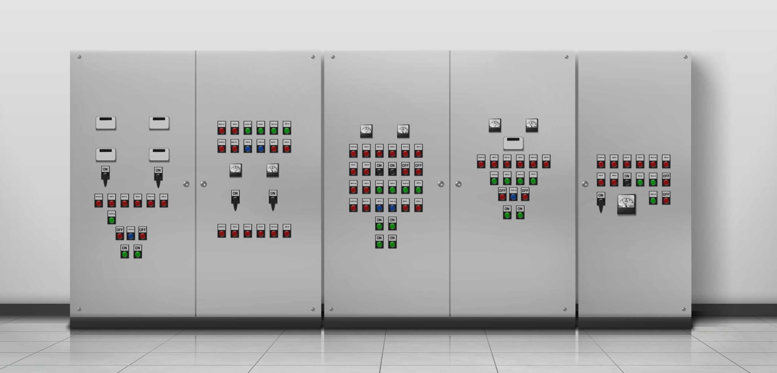 Substation room. Electrician equipment, technical generator. Transformer to increase or decrease voltage of electric current and control panel with on and off buttons Realistic 3d vector illustration