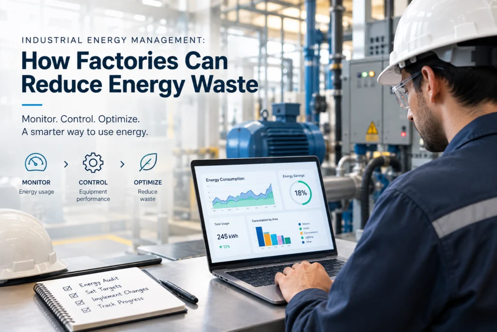 Industrial energy management system monitoring factory energy use and equipment performance.