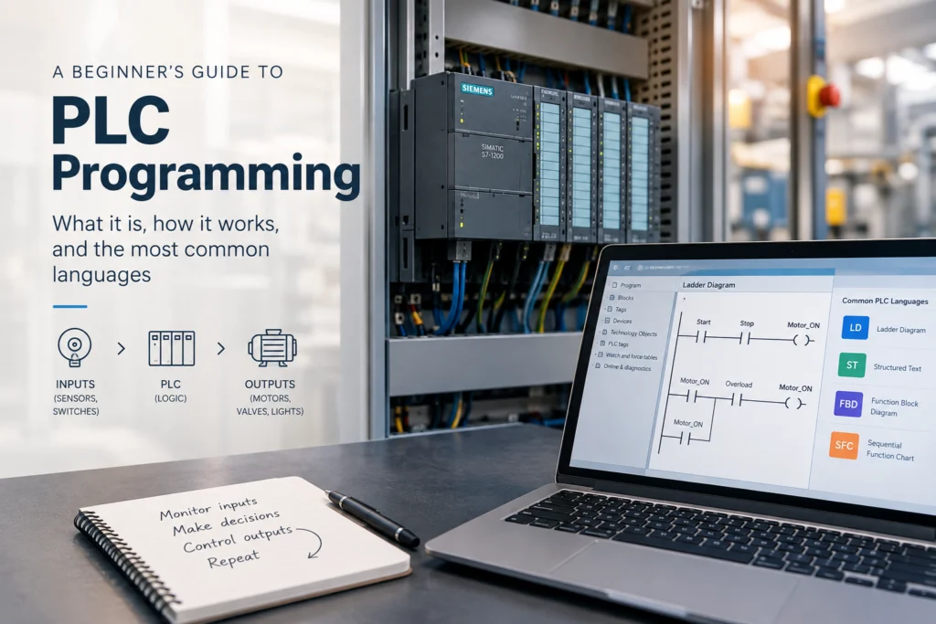 PLC programming with a programmable logic controller and ladder logic on a laptop.