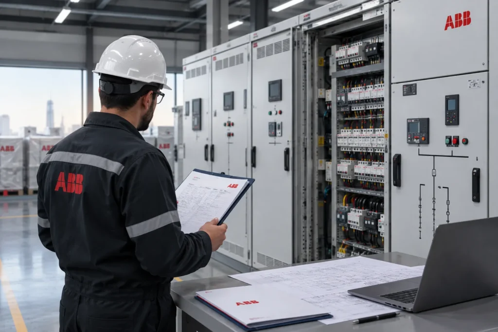Engineer verifying ABB panel builder in Egypt documentation
