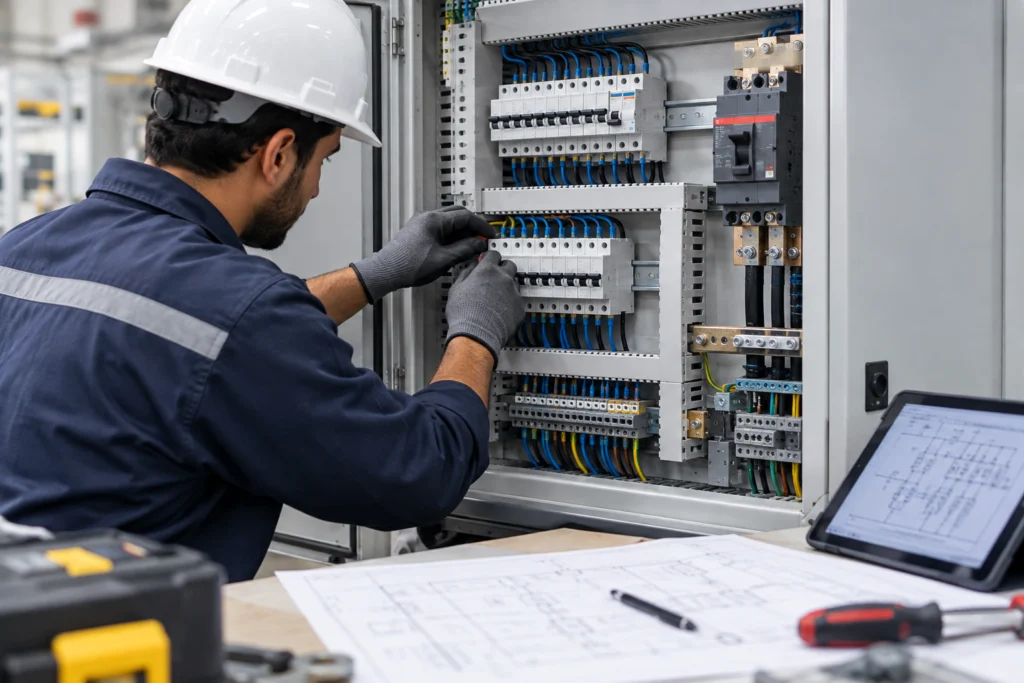 Custom distribution board being assembled in a panel manufacturing workshop in Egypt