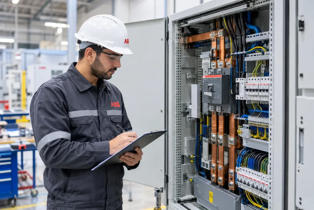 ABB Panel Builder Egypt engineer inspecting wiring and busbar layout inside a low-voltage electrical panel during assembly.