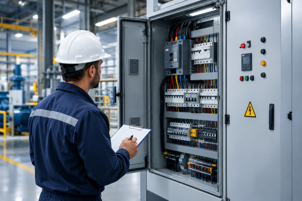 Industrial technician inspecting an electrical panel with organized circuit breakers and wiring in a modern manufacturing facility.