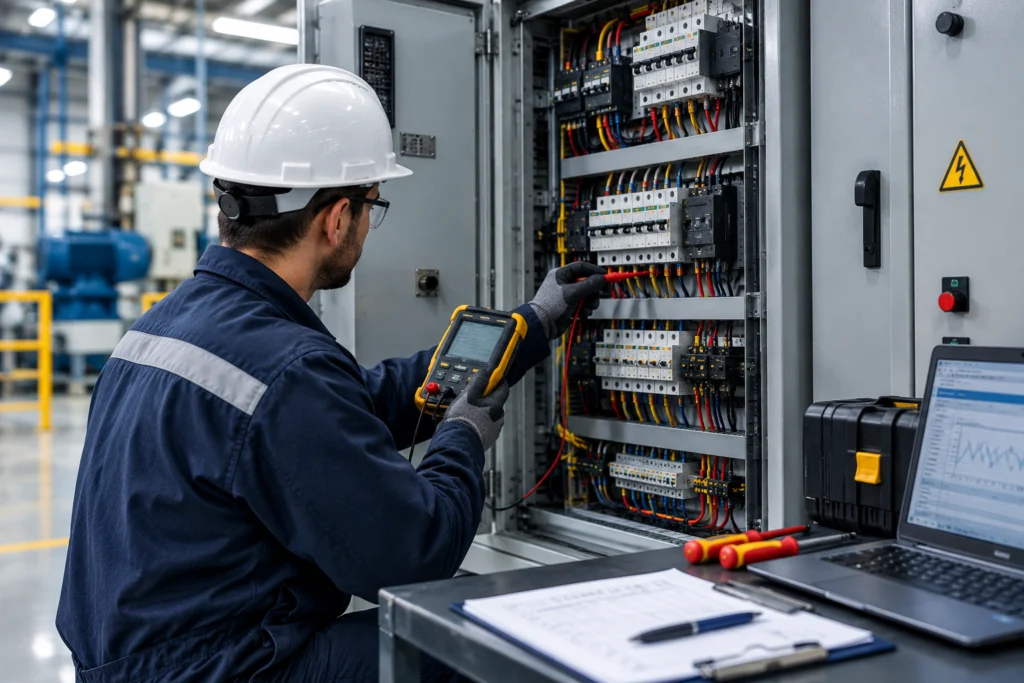 Industrial technician performing an electrical panel inspection using testing equipment in a modern manufacturing facility.