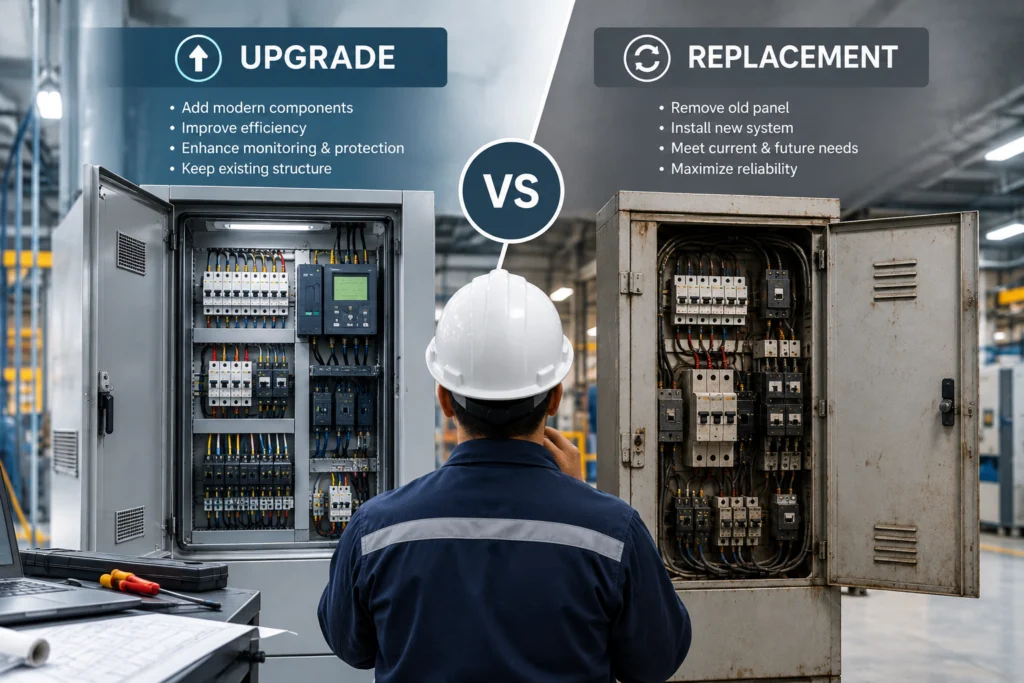Industrial engineer comparing an upgraded modern electrical panel with an aging panel to decide between upgrade and replacement.