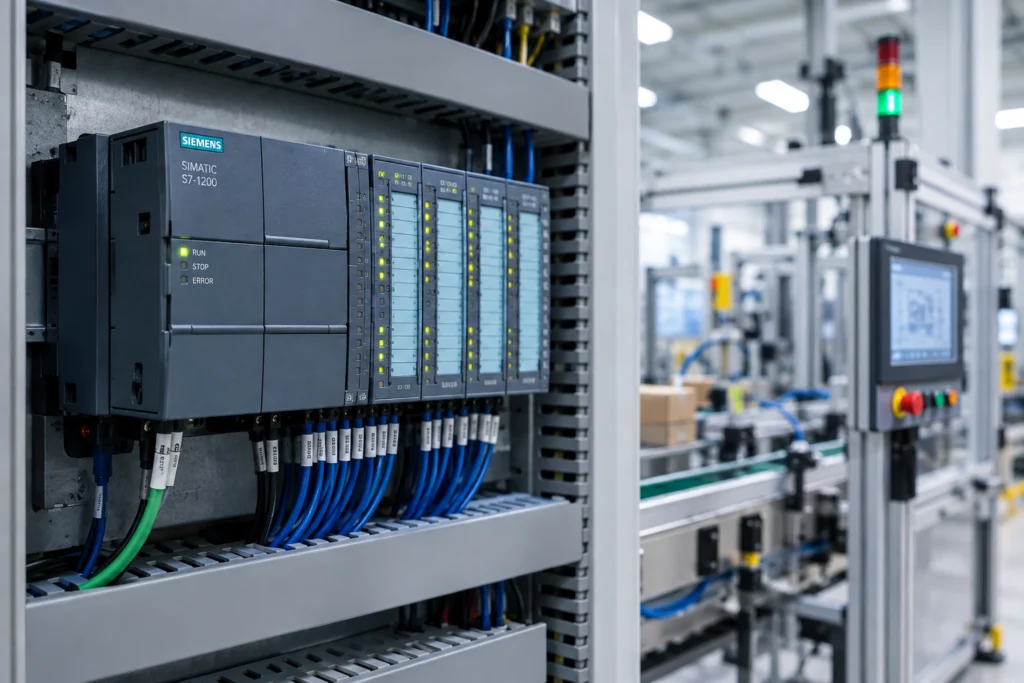 Industrial PLC (Programmable Logic Controller) inside a control cabinet with connected wiring and an automated factory production line in the background.