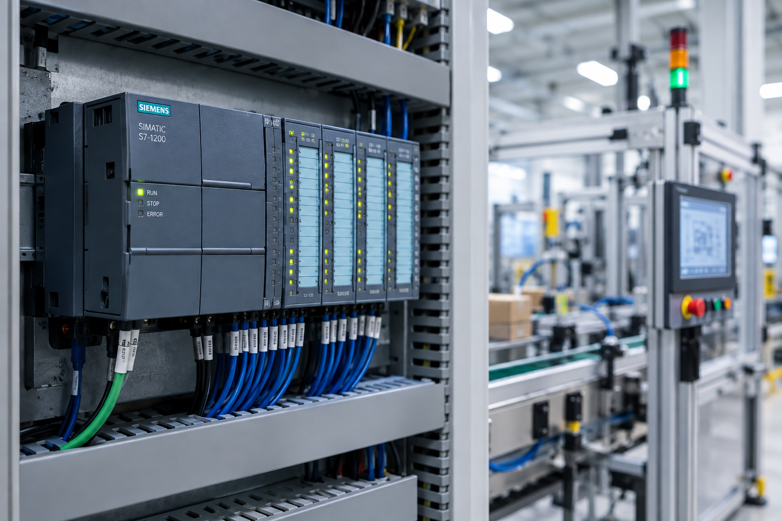 Industrial PLC (Programmable Logic Controller) inside a control cabinet with connected wiring and an automated factory production line in the background.
