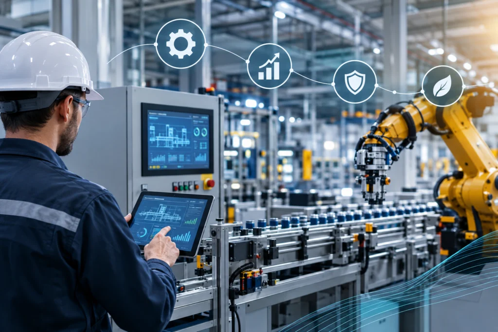 Industrial automation system improving factory efficiency with a robotic arm, conveyor line, and engineer monitoring automated production controls