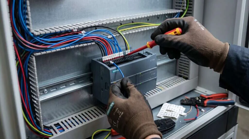 Technician wiring Siemens S7-1200 PLC terminals inside an industrial control panel