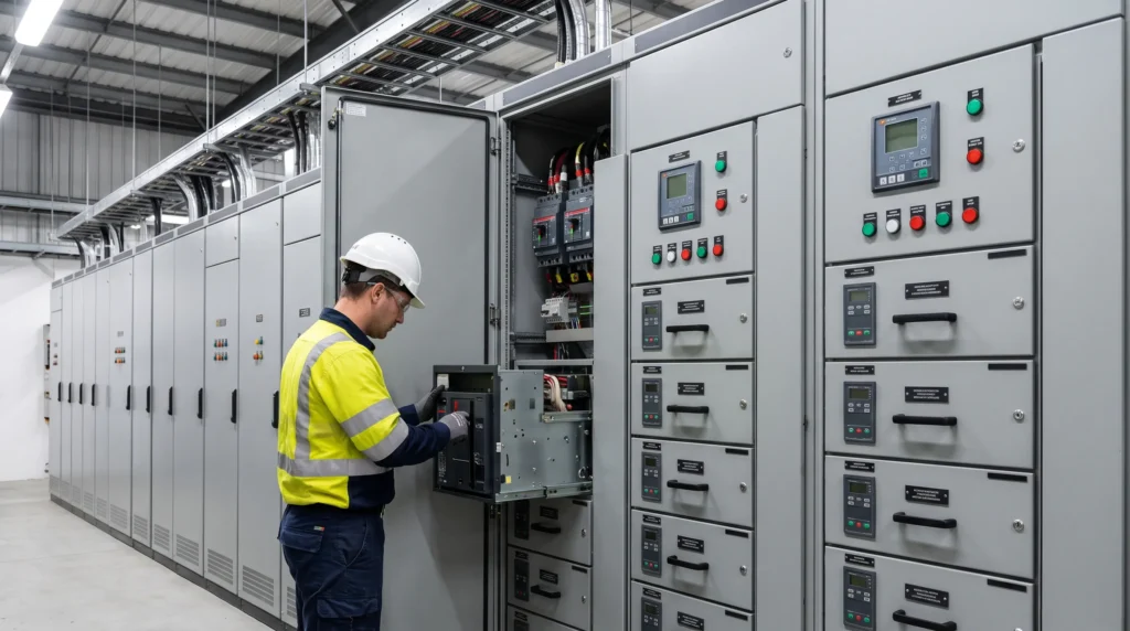 A lineup of industrial motor control center enclosures in a modern factory electrical room showing vertical sections and modular starter compartments