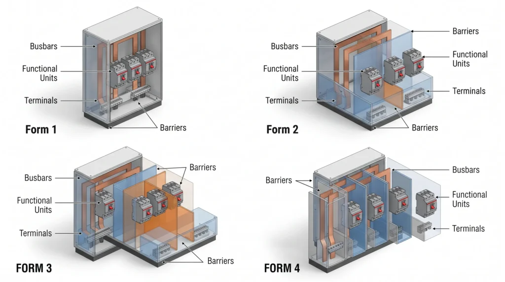Diagram comparing Form 1, Form 2, Form 3 and Form 4 internal separation in a low voltage switchboard assembly.
