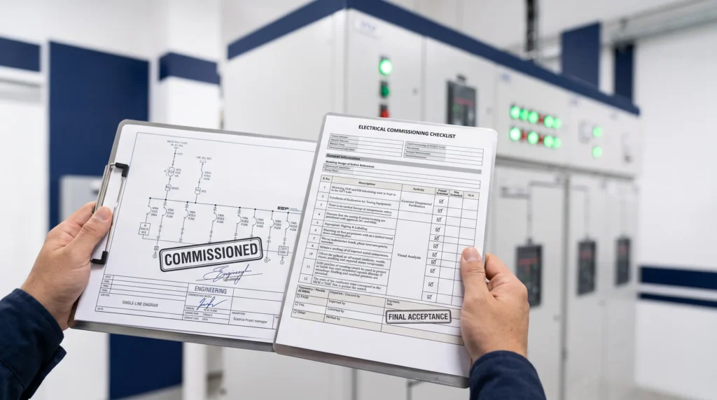 Electrical project manager reviewing switchgear single line diagram and commissioning test handover pack
