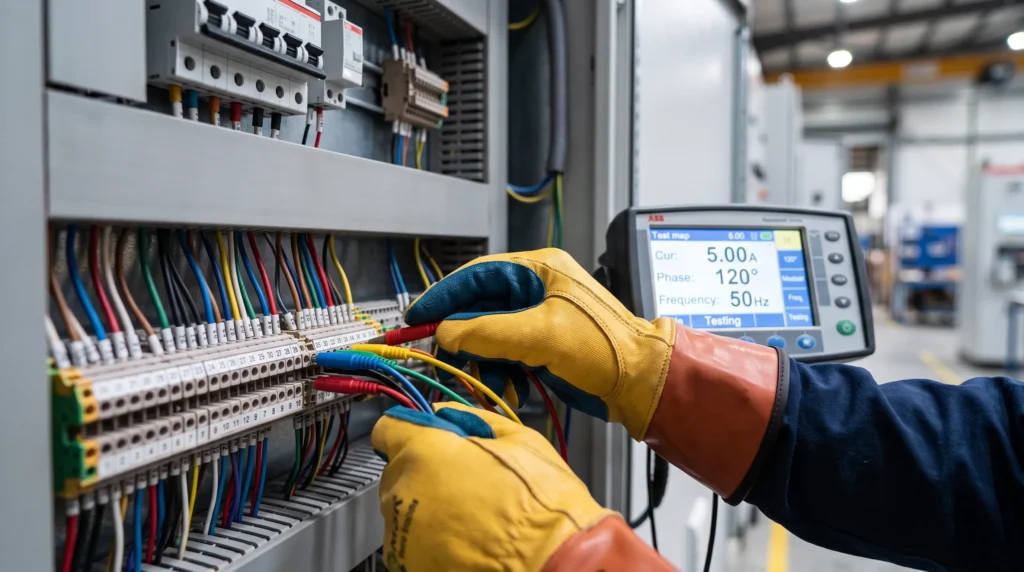 Factory acceptance test FAT procedure on low voltage electrical panel with secondary injection test set