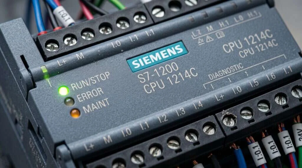 Close-up of Siemens S7-1200 CPU module showing I/O terminals and status LEDs