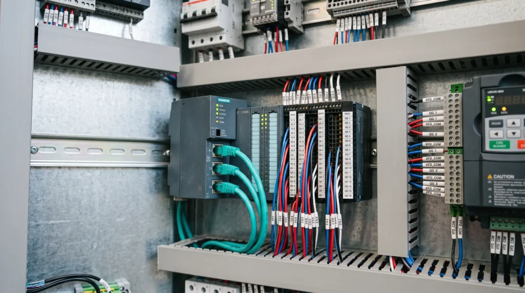 Industrial PLC wired with Profinet communication cables to a variable frequency drive inside an automation panel