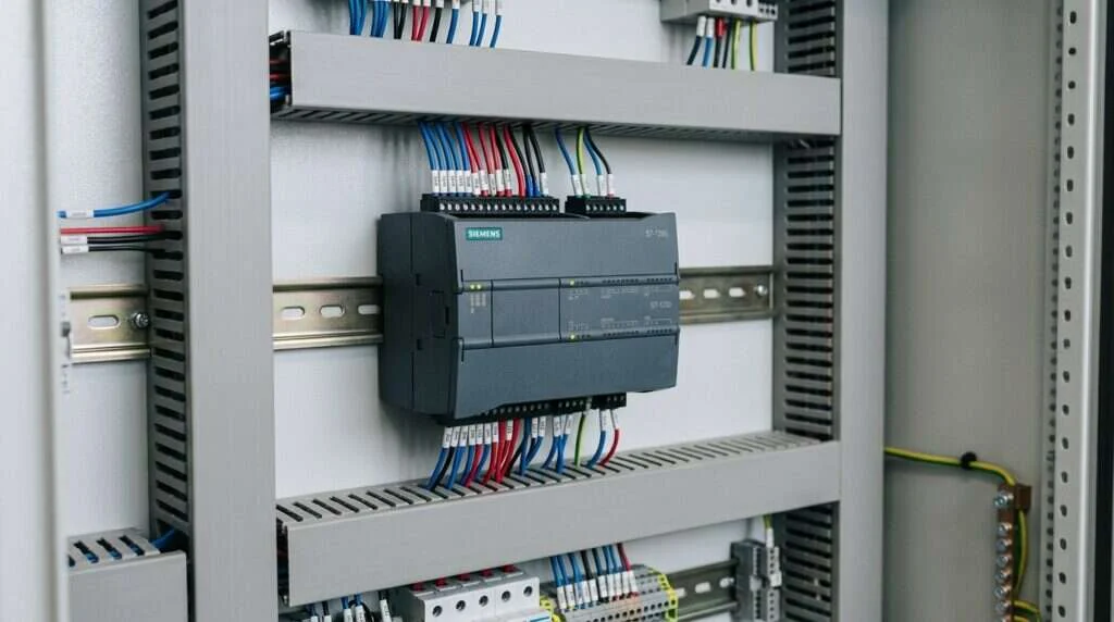 Siemens S7-1200 PLC mounted on DIN rail inside an industrial control cabinet