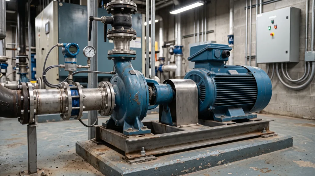 Large centrifugal booster pump and industrial electric motor skid in a modern facility with pressure piping