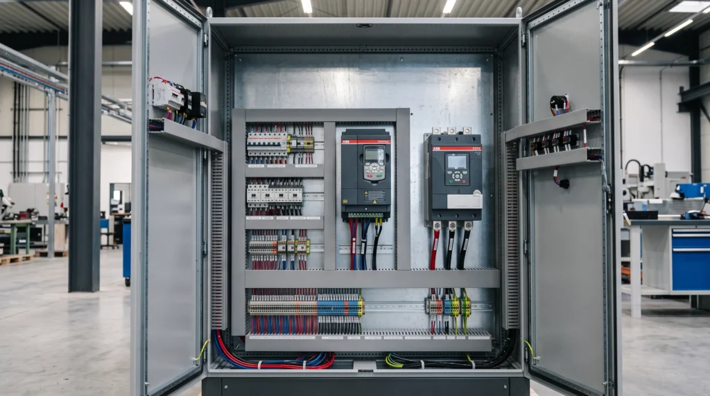 Variable frequency drive and soft starter mounted side by side in an ABB-based motor control panel built by ARC Technologies in Egypt