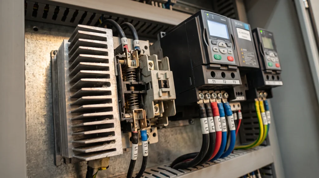Close-up comparison of a soft starter bypass contactor and variable frequency drive inverter power electronics inside a control cabinet