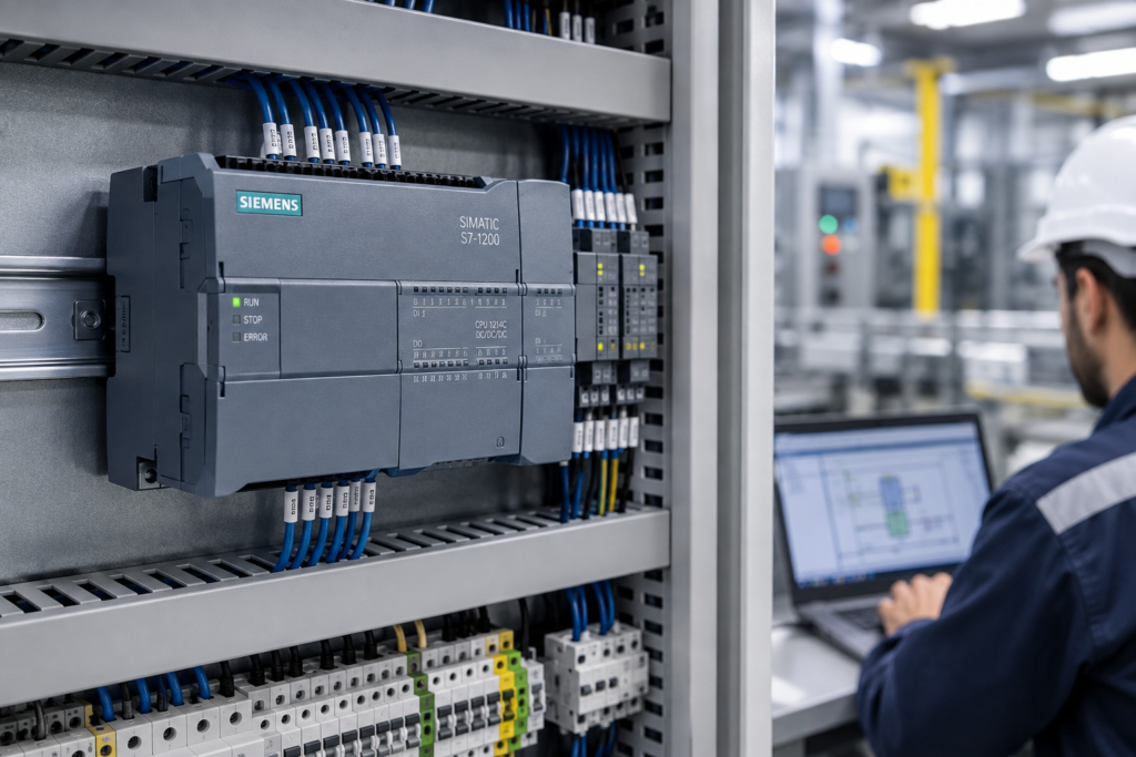 Siemens S7-1200 PLC mounted on DIN rail inside an industrial control cabinet