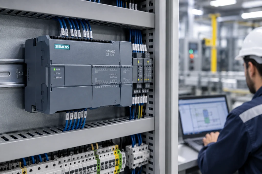 Siemens S7-1200 PLC mounted on DIN rail inside an industrial control cabinet