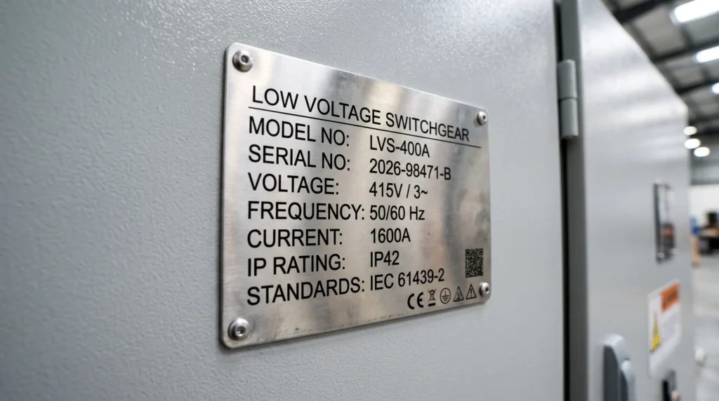 Nameplate and technical specification ratings on a verified low voltage electrical assembly.