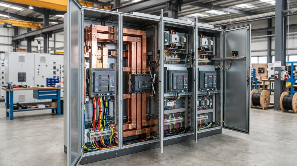 Low voltage switchgear assembly with internal compartments, copper busbars, and circuit breakers verified to IEC 61439 standards